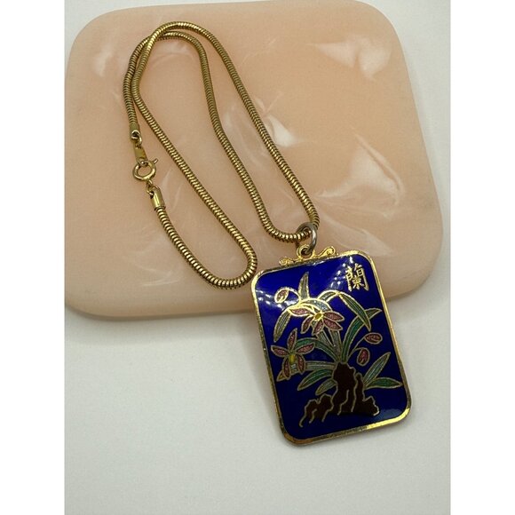Jewelry - Vintage Cloisonne Pendant Necklace Blue & Gold Floral Design Rectangular Pendant